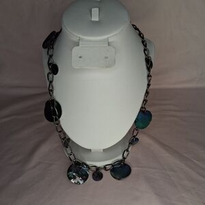 Abalone Shell Blue Iridescent Disc Pendant Charms Chain Necklace Gunmetal Links